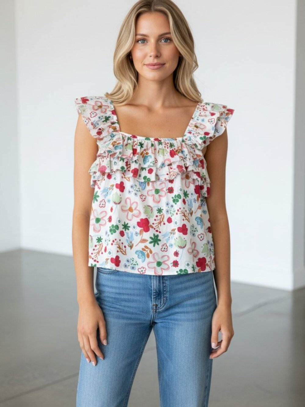 Entro NWT Floral Ruffled Strap Sleeve Square Neck Cotton Top Large